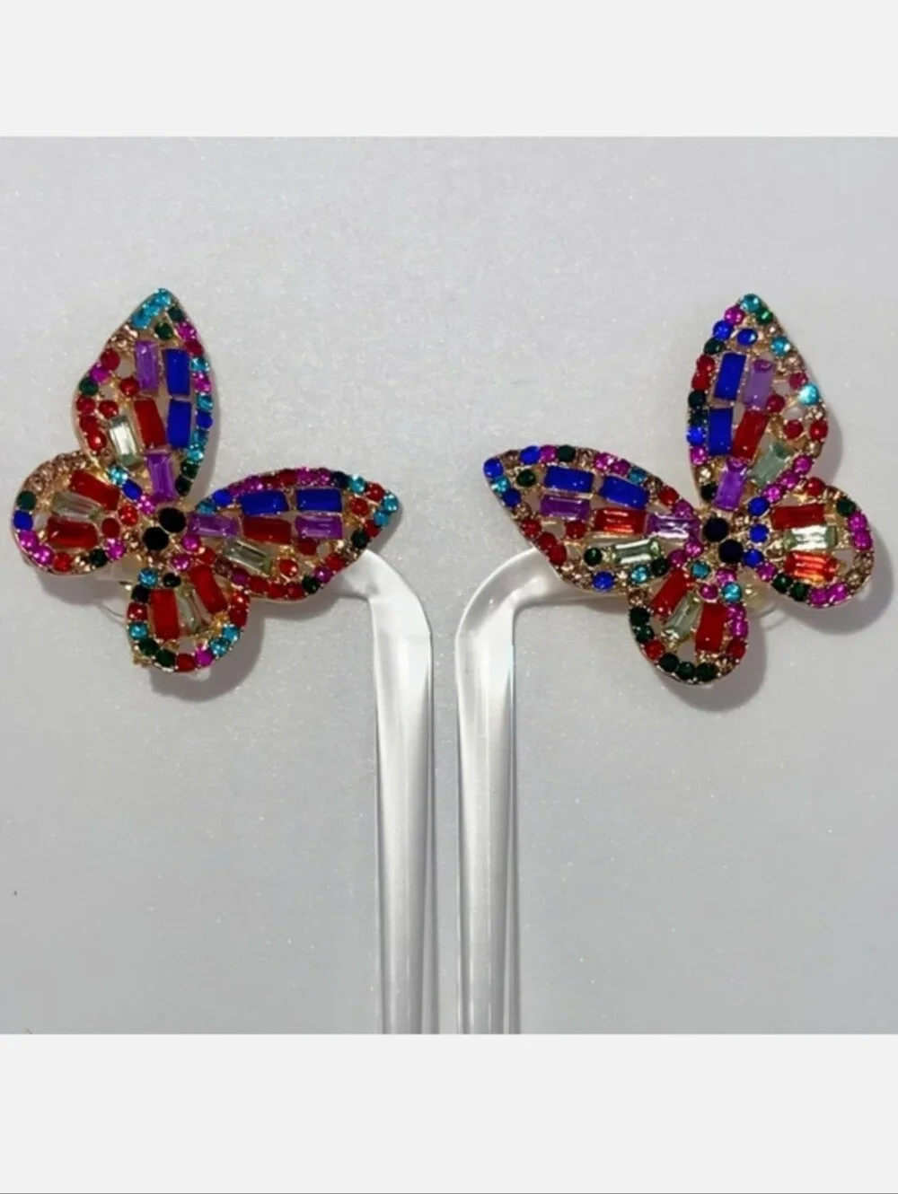 Butterfly Earrings Large Colorful Multicolor Crystal Encrusted Fashion Jewelry - Picture 3 of 6